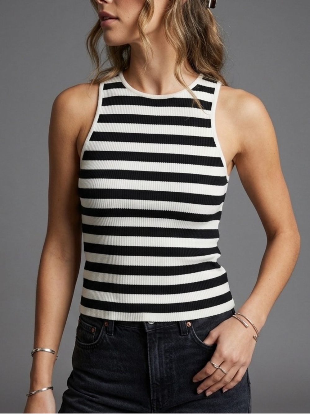 MNG Mango Striped High Neck Ribbed Tank Top | Size Medium